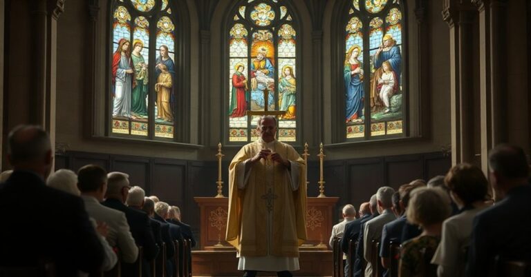 Wnętrze kościoła katolickiego z księdzem trzymającym Najświętszy Sakrament przed skupionymi w modlitwie rodzicami i dziećmi.