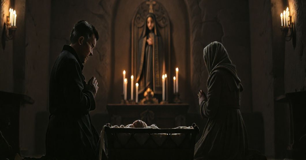 Rodzina modli się przed figurą Matki Boskiej Jasnogórskiej, symbolizującą nadzieję i żałobę za utraconymi dziećmi.