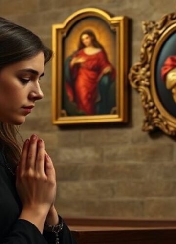 Modlitwa za grzeszników - obrona życia od początku do końca Młoda kobieta modli się z różańcem przed obrazem Najświętszego Serca Jezusa, symbolizując potrzebę nawrócenia i pokuty wobec aborcji