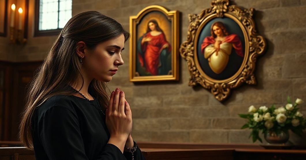 Młoda kobieta modli się z różańcem przed obrazem Najświętszego Serca Jezusa, symbolizując potrzebę nawrócenia i pokuty wobec aborcji