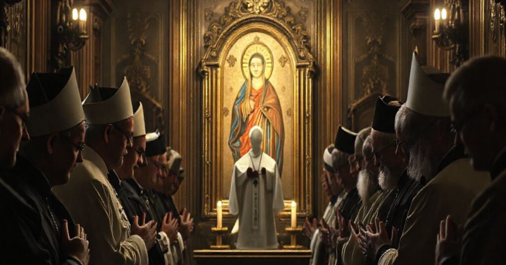 Grupa katolickich duchownych modli się przed ikoną Matki Boskiej w tradycyjnym kościele, wyrażając troskę o jedność wiary.
