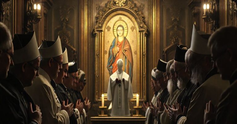 Grupa katolickich duchownych modli się przed ikoną Matki Boskiej w tradycyjnym kościele, wyrażając troskę o jedność wiary.