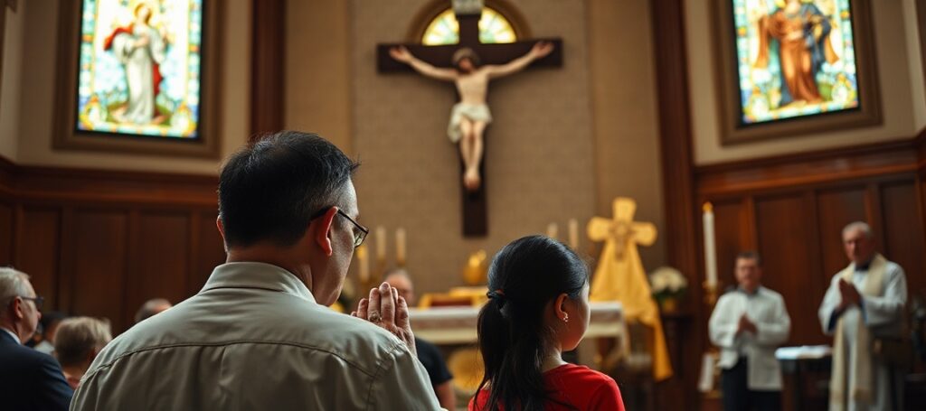 Jimmy Lai i jego córka Claire Lai modlą się w kościele katolickim przed krzyżem i tabernakulum, otoczeni tradycyjną ikonografią katolicką.
