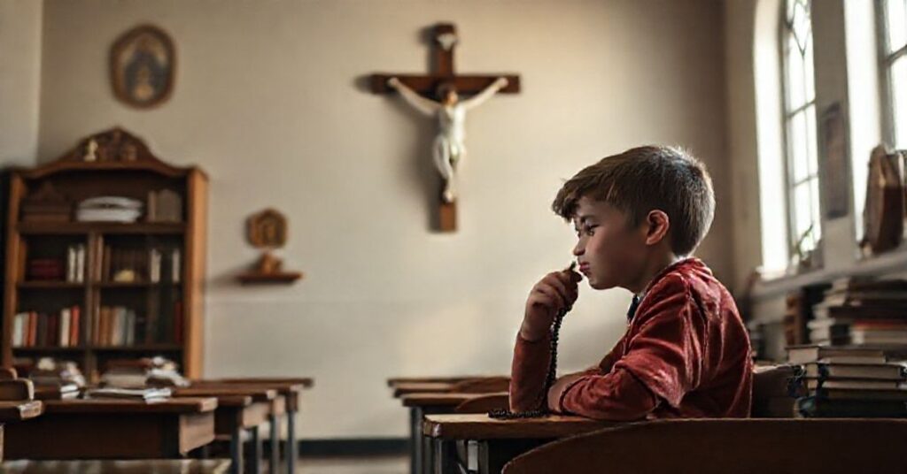 Sala lekcyjna z krzyżem na ścianie - młody uczeń modlący się za katolicką edukację