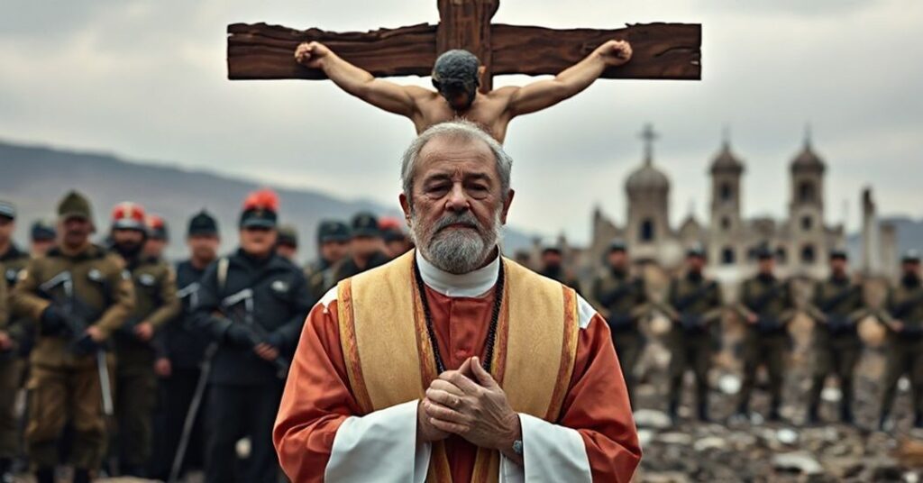 Katkoły katolicki w tradycyjnych szatach modli się przed zniszczonym krzyżem świętym na tle zburzonych kościołów, symbolizując walkę o królestwo Chrystusa