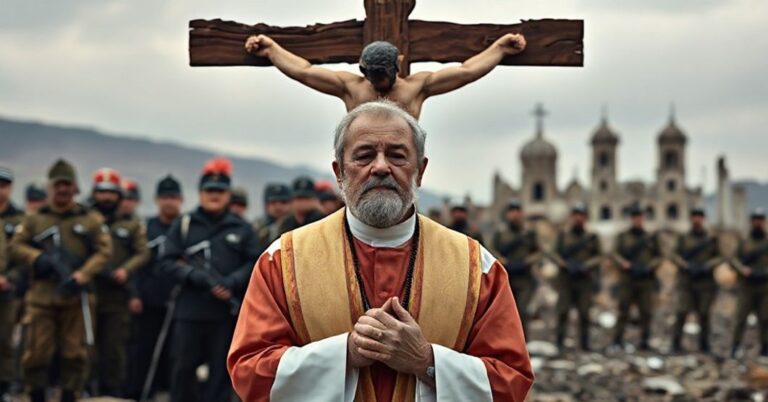 Katkoły katolicki w tradycyjnych szatach modli się przed zniszczonym krzyżem świętym na tle zburzonych kościołów, symbolizując walkę o królestwo Chrystusa