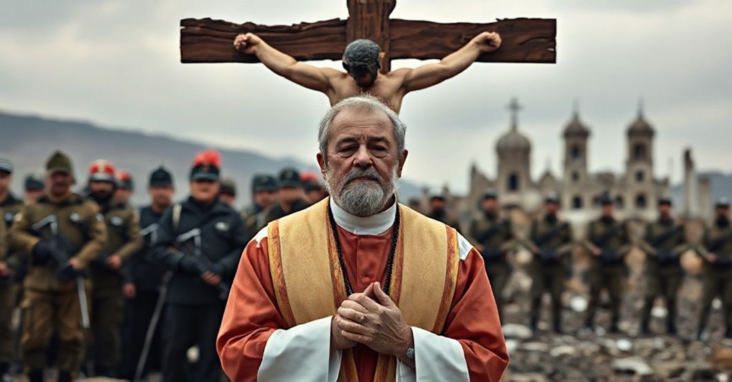 Katkoły katolicki w tradycyjnych szatach modli się przed zniszczonym krzyżem świętym na tle zburzonych kościołów, symbolizując walkę o królestwo Chrystusa