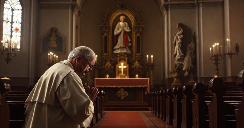 Prawdziwy ksiądz modli się przed Najświętszym Sakramentem w tradycyjnym kościele