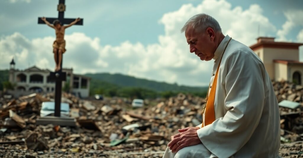 Ksiądz w sutannie modli się przed krzyżem na tle zniszczeń po trzęsieniu ziemi na Kubie.