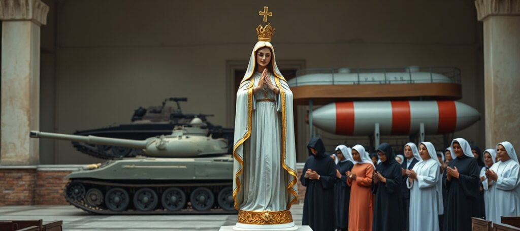 Obraz przedstawiający modlących się katolików na Kubie przed statuą Matki Bożej z El Cobre, z rosyjskimi tankowcami na tle