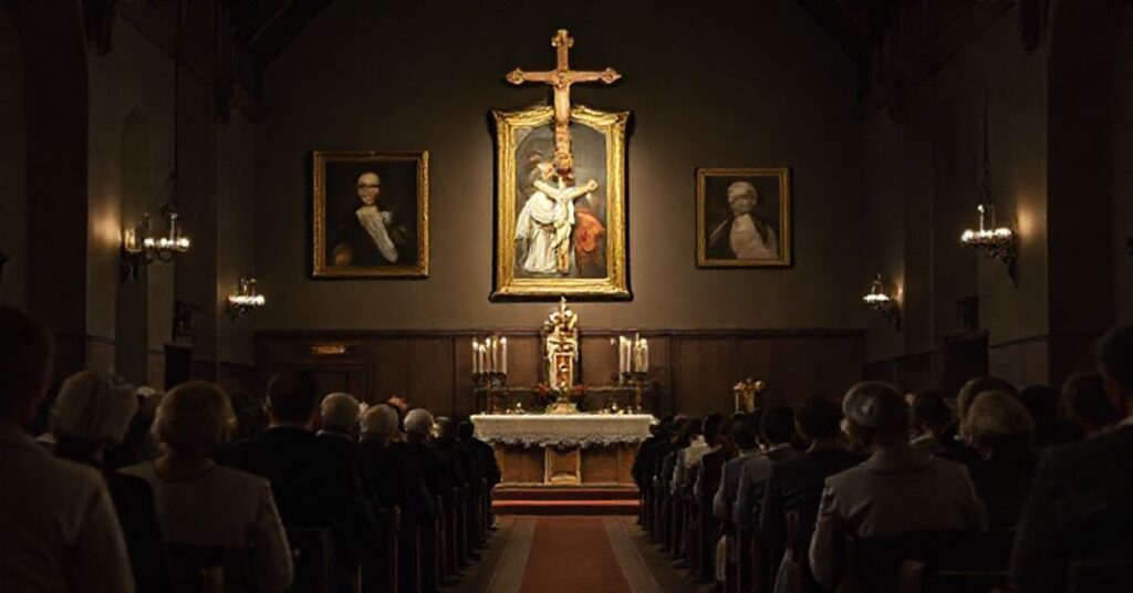Wnętrze tradycyjnego kościoła katolickiego z wiernymi modlącymi się przed portretami Rodziny Ulmów i Heleny Kmieć