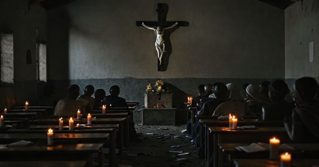 Porywanie w szkole katolickiej w Papiri - modlący się wierni przed włamanym ołtarzem