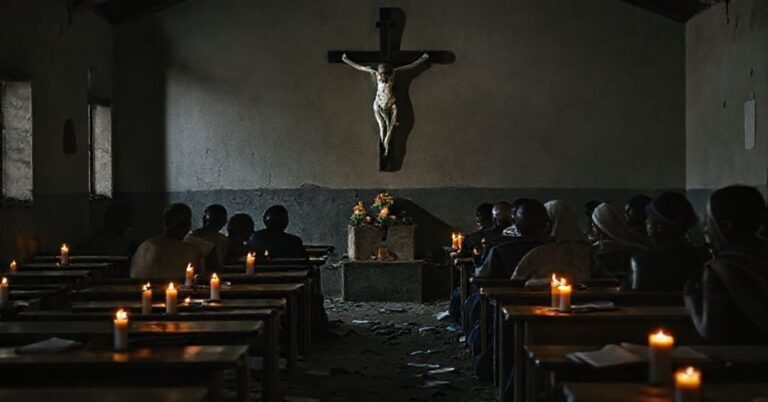 Porywanie w szkole katolickiej w Papiri - modlący się wierni przed włamanym ołtarzem