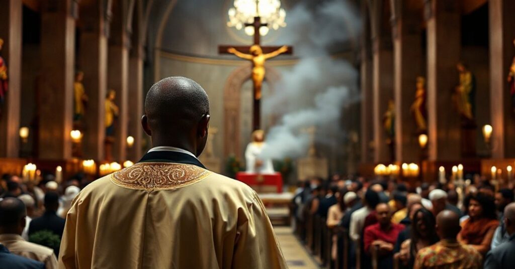 Katolicki książ w tradycyjnych szatach modli się przed krzyżem w kościele z tłem palących się ognisk za oknem.