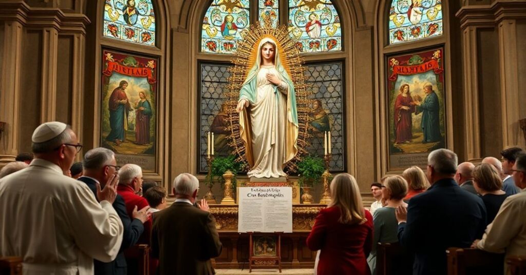 Grupa katolików modlących się przed rzeźbą Matki Boskiej z tytułem Współodkupicielki, z ojcem Serafinem Marią Lanzettą trzymającym petycję.