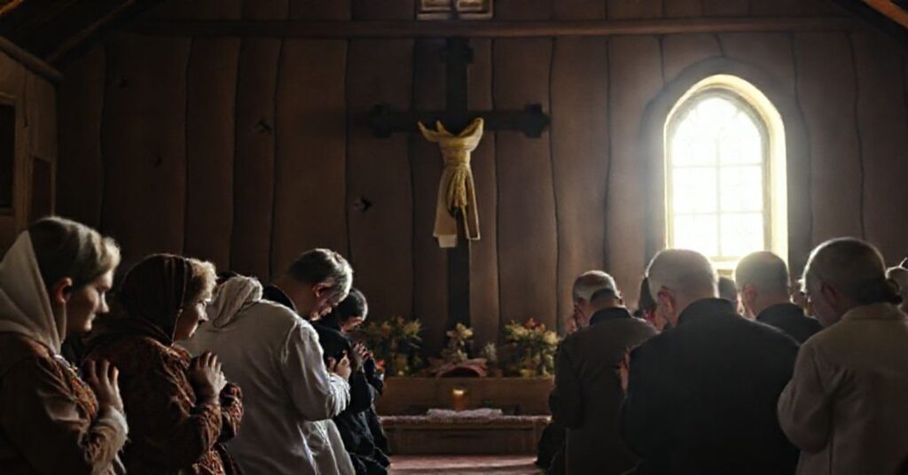 Grupa wiernych modli się przed pomnikiem poświęconym męczennikom wołyńskim w prostej kaplicy drewnianej.