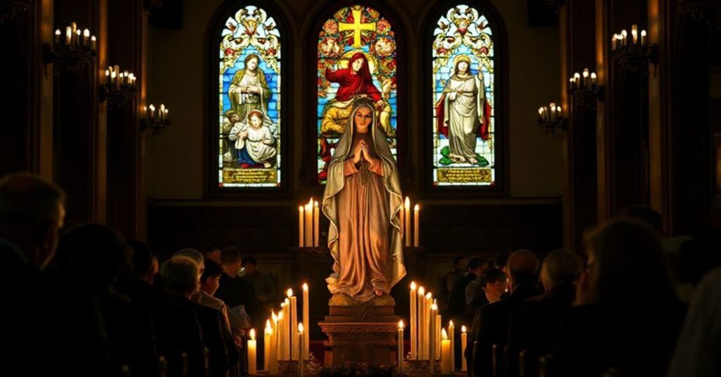 Wnętrze kościoła katolickiego z rzeźbą Matki Boskiej na pierwszym planie, otoczoną migoczącym światłem świec. Na tle grupa modlącej się osoba z oknem witrażowym przedstawiającym męczenników katolickich. Scena jest poważna i czciwa, odzwierciedlając cierpienie katolickich męczenników podczas terroru Szczerego Szlaku w Peru.