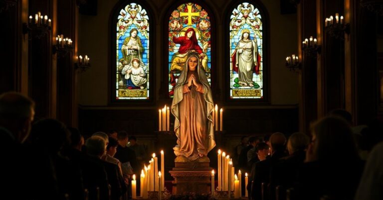 Wnętrze kościoła katolickiego z rzeźbą Matki Boskiej na pierwszym planie, otoczoną migoczącym światłem świec. Na tle grupa modlącej się osoba z oknem witrażowym przedstawiającym męczenników katolickich. Scena jest poważna i czciwa, odzwierciedlając cierpienie katolickich męczenników podczas terroru Szczerego Szlaku w Peru.