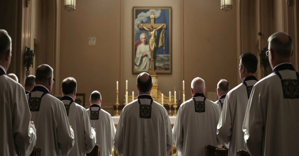 Tradycyjni katolicy modlący się w kościele za prześladowanych chrześcijan