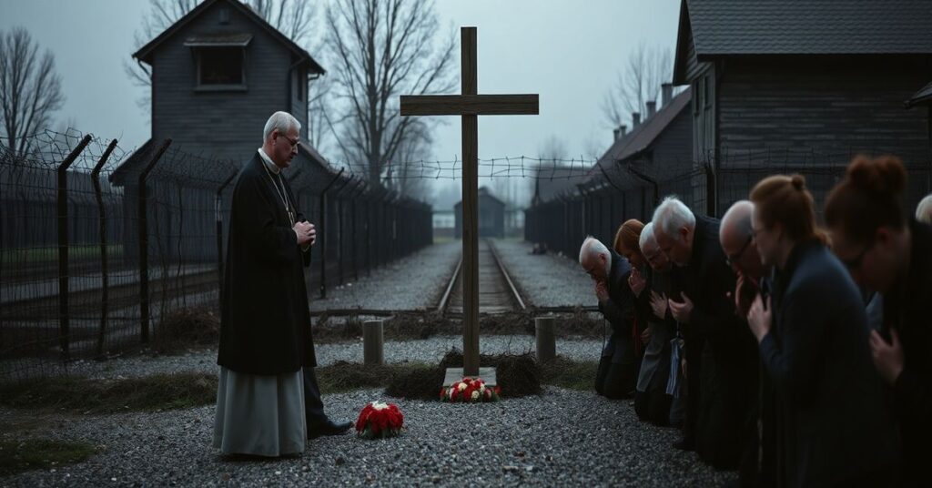 Kobieta modli się przed krzyżem w obozie Auschwitz z kapłanem w szatach liturgicznych prowadzącym modlitwę za męczenników