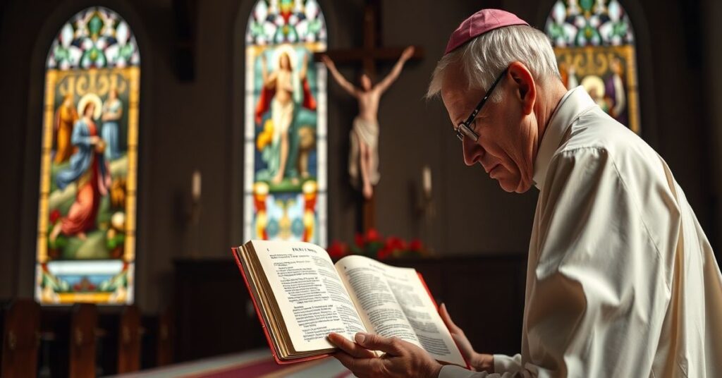 Tradycyjny ksiądz modlący się w kościele za misjonarzy katolickich