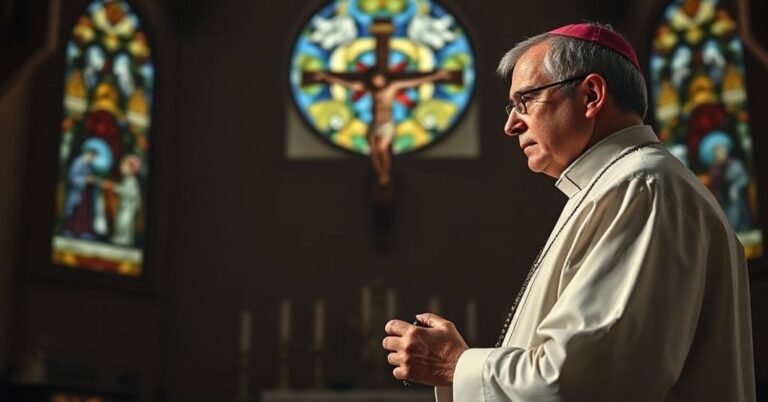 Katolicki kapłan w tradycyjnych szatach modli się przed krzyżem w ciemnej kaplicy z witrażem przedstawiającym mączennictwo.