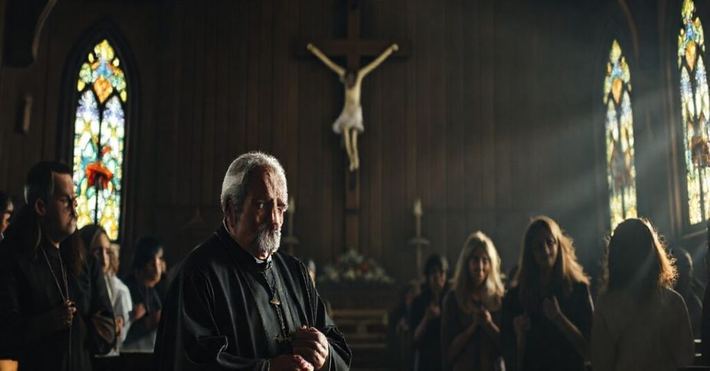 Grupa wiernych modlących się przed krzyżem w tradycyjnym kościele, refleksja nad duchową pustką współczesnego Kościoła