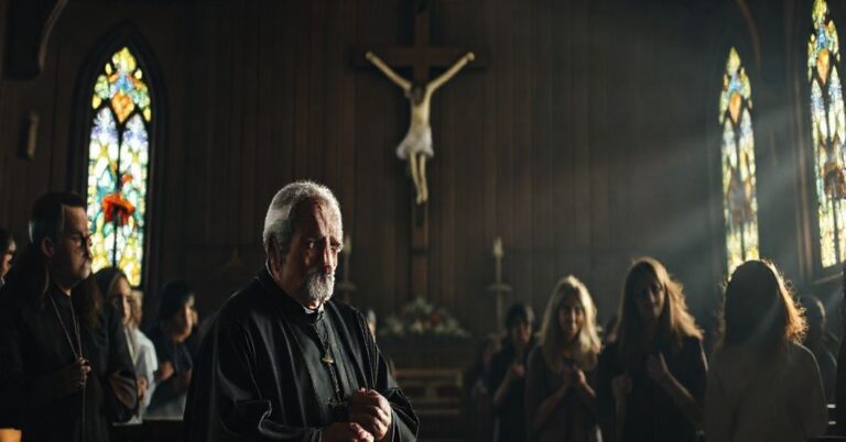 Grupa wiernych modlących się przed krzyżem w tradycyjnym kościele, refleksja nad duchową pustką współczesnego Kościoła