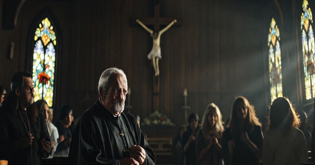 Grupa wiernych modlących się przed krzyżem w tradycyjnym kościele, refleksja nad duchową pustką współczesnego Kościoła