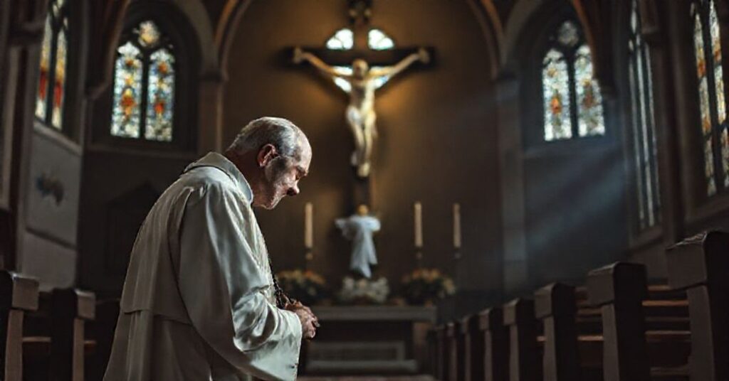 Kobieta modli się przed krzyżem w tradycyjnym kościele z widokiem groźby wobec prezydenta Karola Nawrockiego