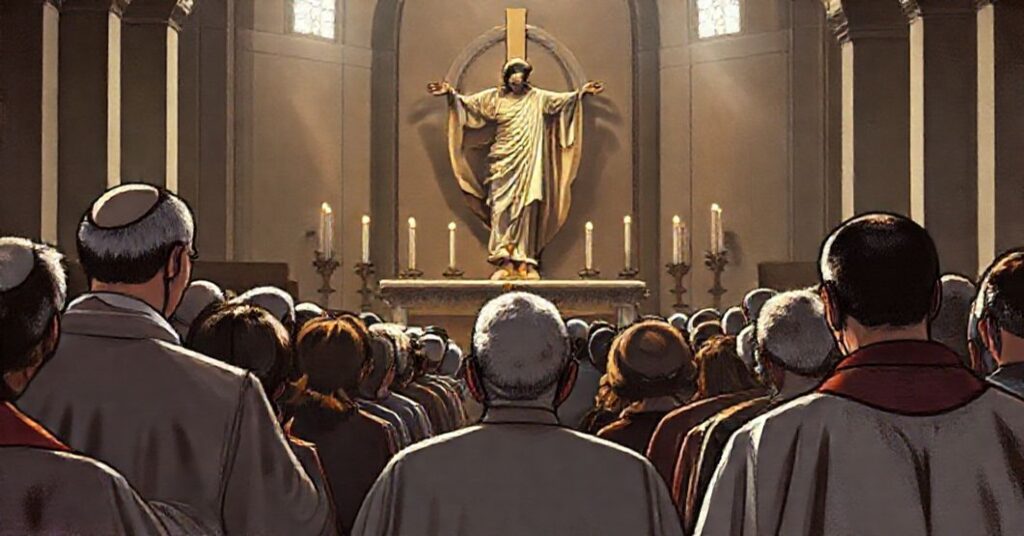 Grupa katolików modlących się przed rzeźbą Chrystusa Króla w tradycyjnym kościele