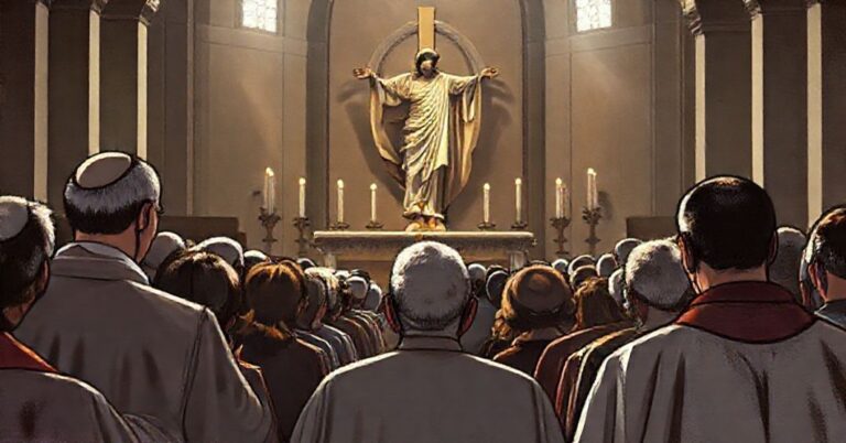 Grupa katolików modlących się przed rzeźbą Chrystusa Króla w tradycyjnym kościele