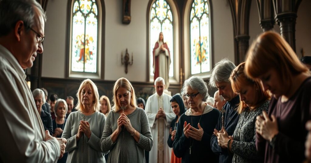 Grupa modlącej się rodziny w tradycyjnym kościele w Kielcach z ks. Marianem Fatyga i statuą św. Moniki