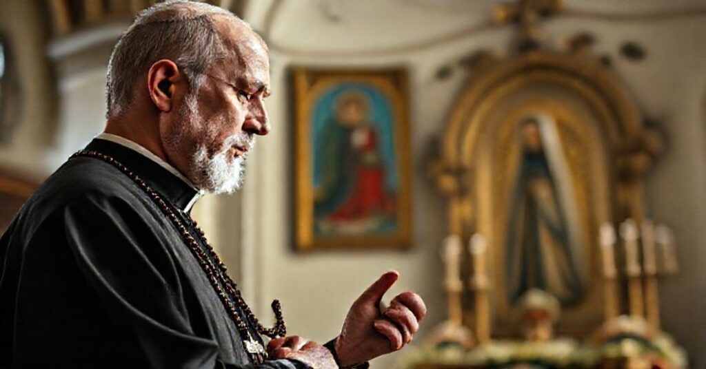 Prywatny moment modlitwy kapłana za nawrócenie Rosji i Ukrainy przed ikoną Matki Boskiej z Fatimy