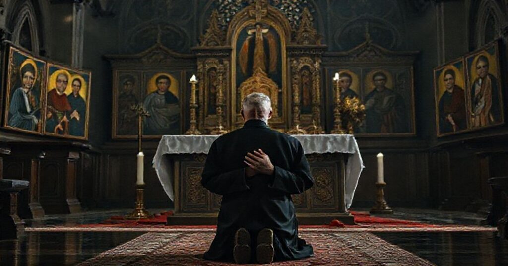 Kleryk modlący się przed ołtarzem w rosyjskim koście prawosławnym, symbolizujący duchowy kryzys Rosji i braku chrześcijańskiego panowania