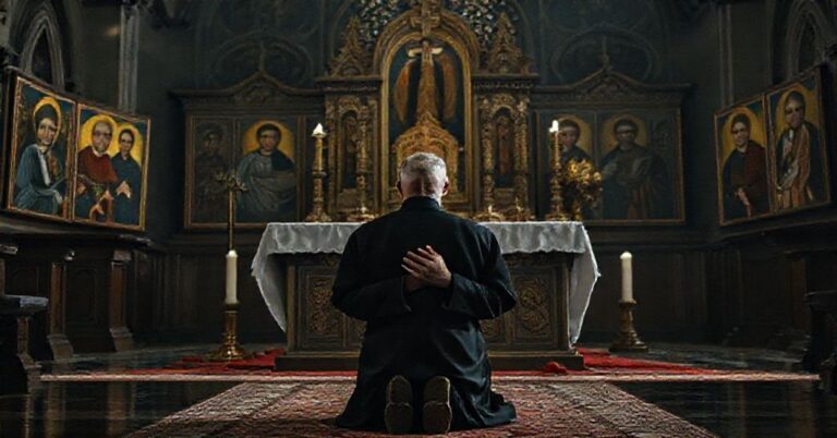 Kleryk modlący się przed ołtarzem w rosyjskim koście prawosławnym, symbolizujący duchowy kryzys Rosji i braku chrześcijańskiego panowania