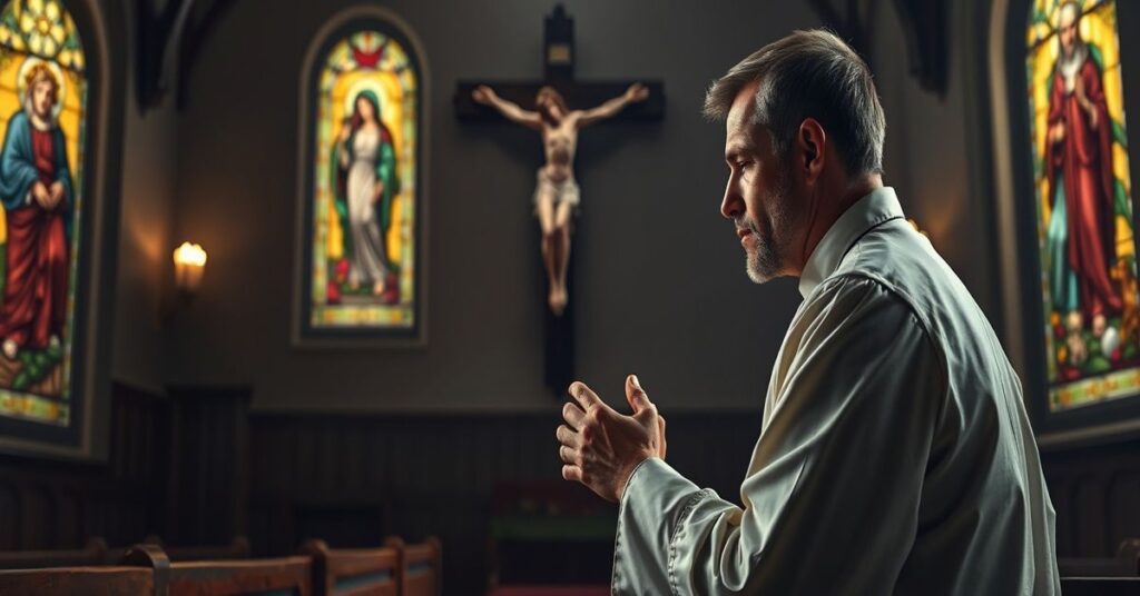 Mężczyzna modlący się w tradycyjnym stroju katolickim przed krzyżem w ciemnej kościele, symbolizujący skruchę i potrzebę przebaczenia za grzechy.