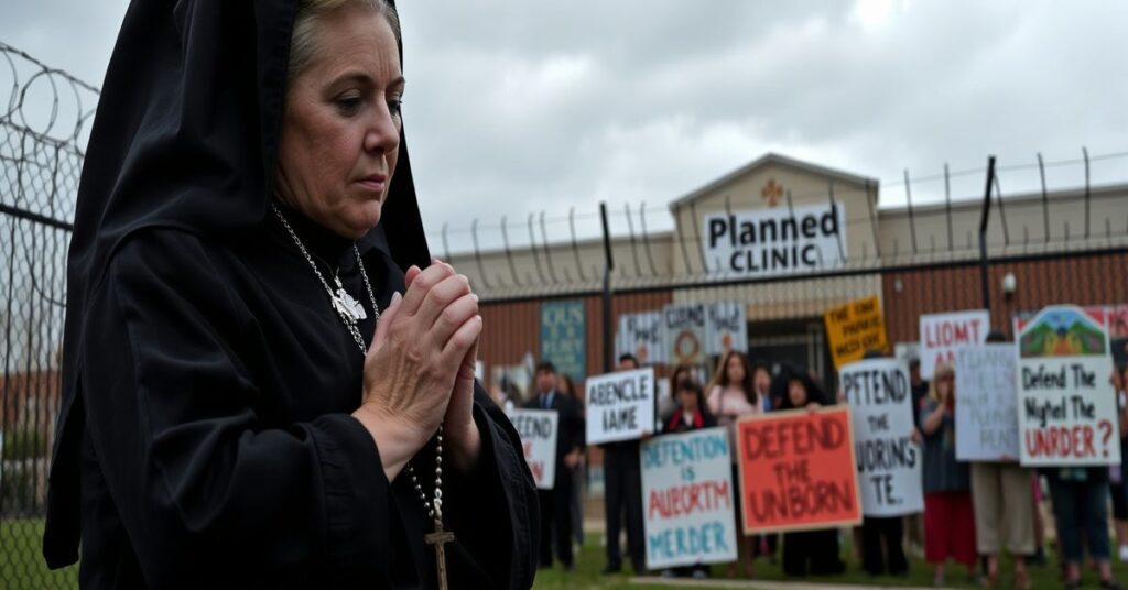 Kobieta katolicka modli się przed kliniką Planned Parenthood, trzymając różaniec.