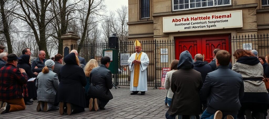 Grupa katolików modli się przed Sejmem i placówką aborcyjną 'AboTak' w Warszawie podczas modlitwy za nienarodzone dzieci.