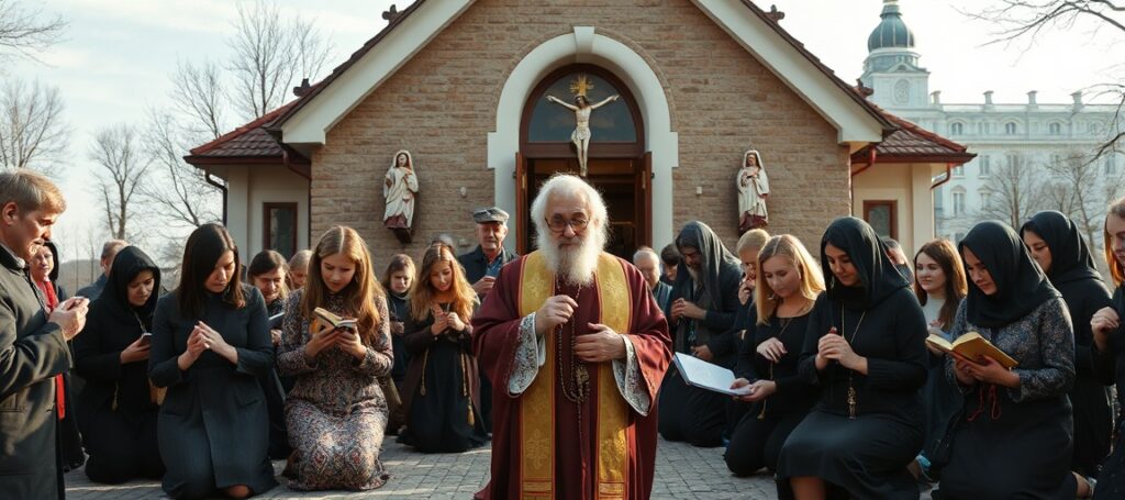 Grupa wiernych modląca się przed kościołem w Warszawie przed placówką aborcyjną, trzymająca różańce i księgi liturgiczne
