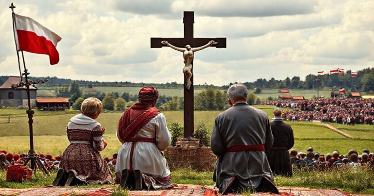 Tradycyjna polska rodzina modli się przed krzyżem z napisem 'Chrystus Król', w tle krajobraz polski. Symbolizuje krytykę sekularyzmu i naturalizmu w dyskursie o niepodległości.
