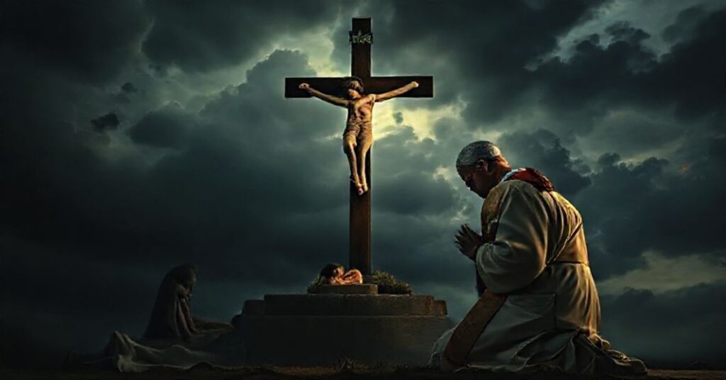 Ksiądz w tradycyjnych szatach modli się przed krzyżem na tle smutnej matki, symbolizując tragiczny przypadek infanticydium w Karolinie Południowej.