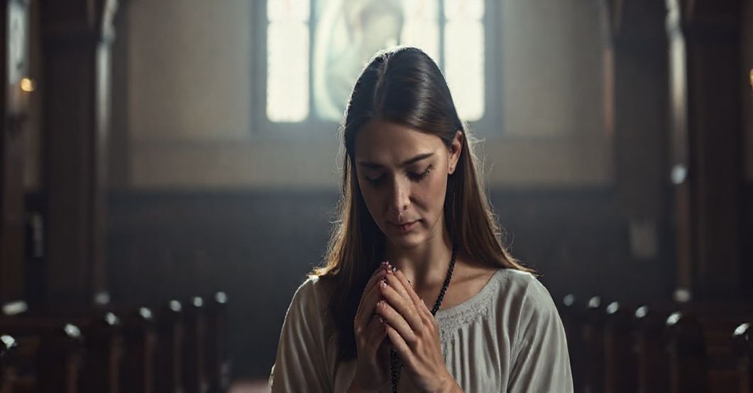 Młoda kobieta modli się w tradycyjnym kościele katolickim, trzymając różaniec, z wyrazem smutku i pokuty na twarzy, symbolizując tragizm aborcji i straconego życia niewinnego dziecka.