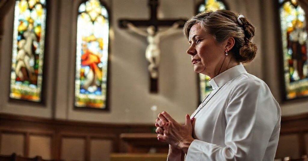 Kobieta katolicka modli się w tradycyjnym ubiorze w ciszej kaplicy z krzyżem i witrażami przedstawiającymi świętość życia.