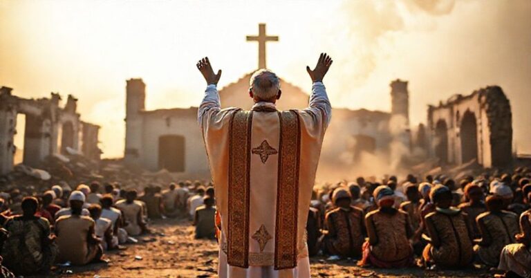 Ksiądz w tradycyjnych szatach liturgicznych modli się przed zniszczonym kościołem w Nigerii, otoczony przez prześladowanych chrześcijan.