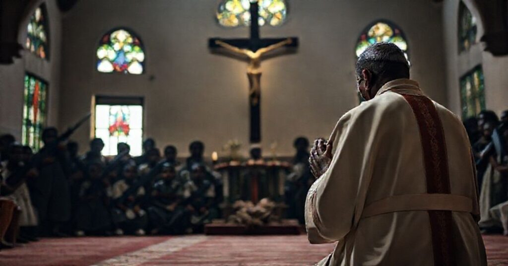 Prawdziwy ksiądz katolicki w tradycyjnych szatach modli się przed krzyżem z grupą nigerijskich uczniów na tle uzbrojonych milicjantów w kościele.