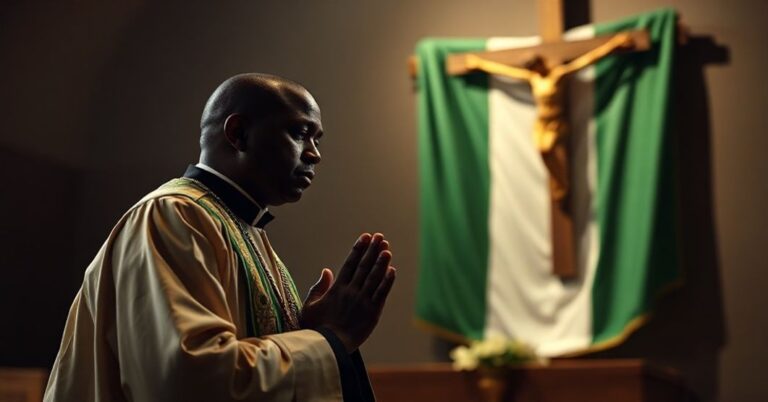 Ks. katolicki w tradycyjnych szatach modli się przed krzyżem na tle flagi Nigerii, symbolizując męczeństwo chrześcijan.