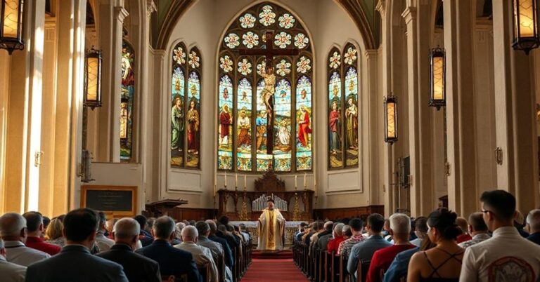 Tradycyjny kościół katolicki z modlącymi się wiernymi i księdzem w szatach liturgicznych. Na głowie krzyż i witraże przedstawiające męczenników.