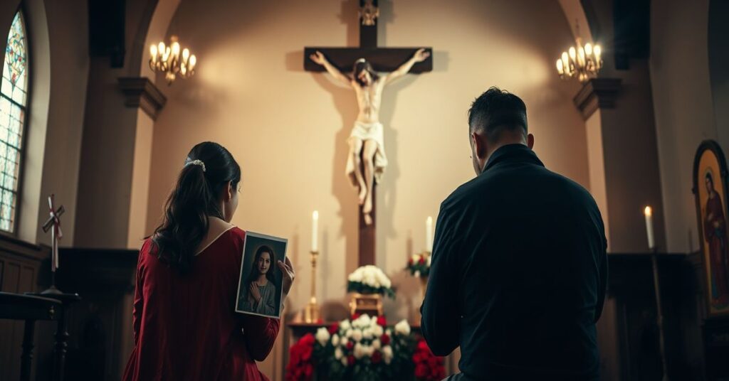 Matka i ojciec modlący się w kaplicy przed krzyżem z fotografią córki po tragedii eutanazji