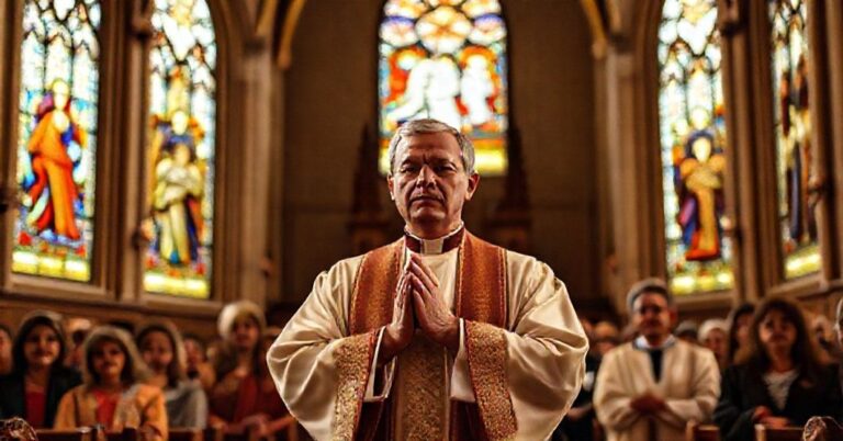 Wnętrze tradycyjnego kościoła katolickiego z wiernymi modlącymi się przed obrazem Świętej Rodziny.